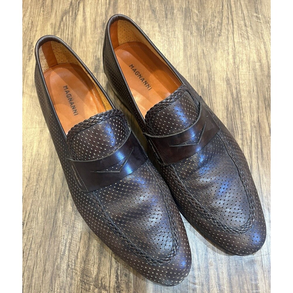 Magnanni Ramiro II Mens Penny Loafers 11M Brown Slip On Braided Perforated